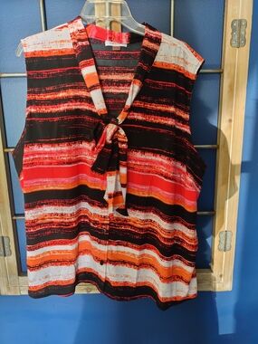 Calvin Klein Red, Orange & Black Striped Tie-Neck Sleeveless Blouse